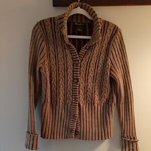 Eddie Bauer Large Cable Knit Button-Up Cardigan Sweater - Tan